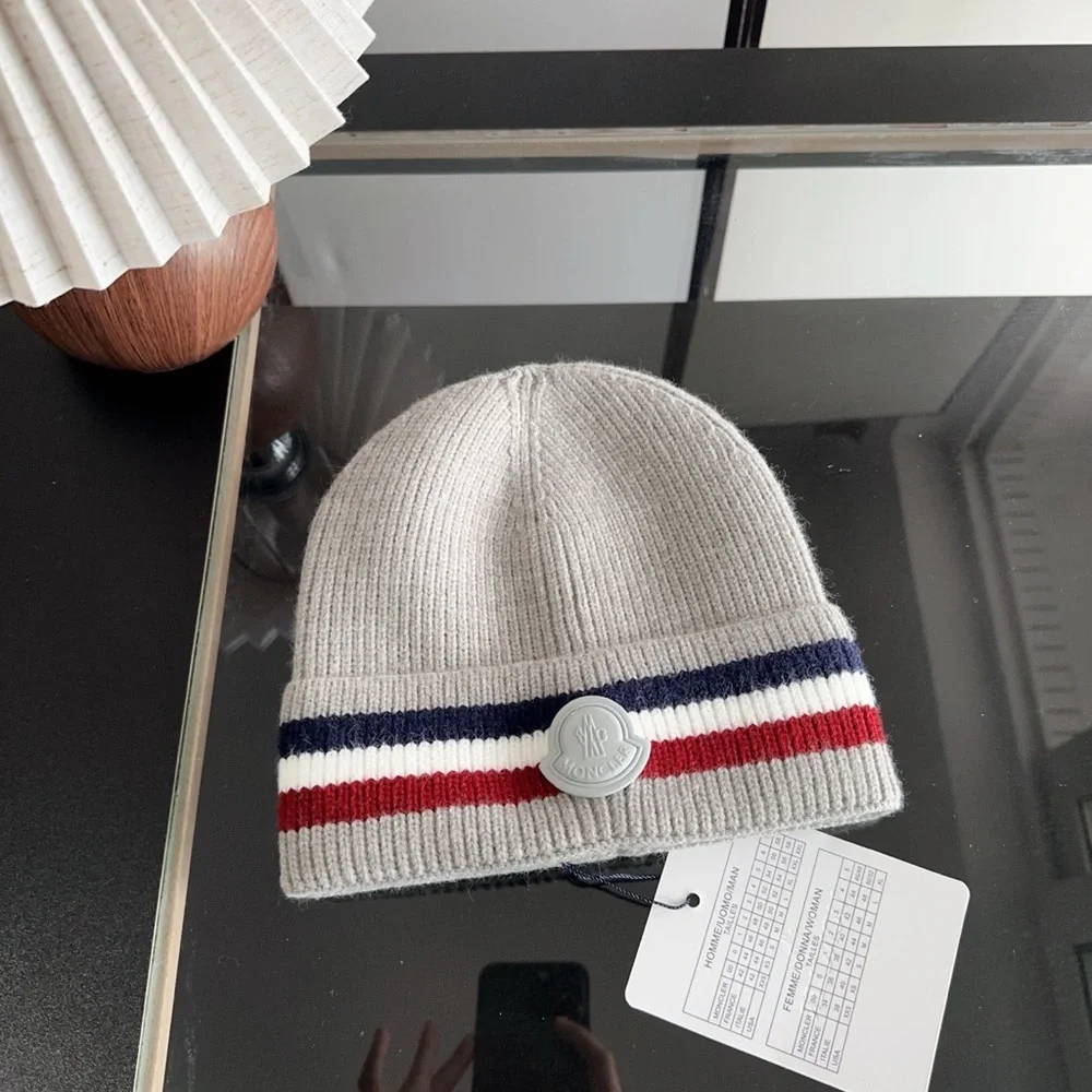 Moncler Kids Light Grey Beanie with Navy & Red Stripe Detail